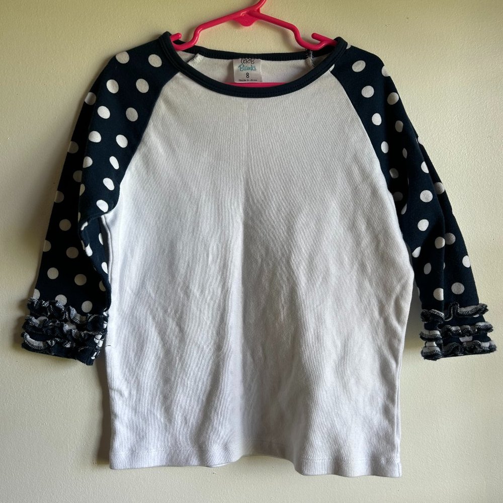 ARB Blanks size 8 navy and white polka dot raglan shirt.